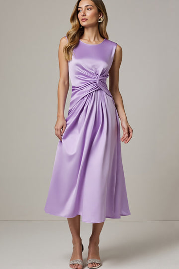 Purple Ruched Satin Maxi Work Dress